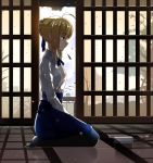  ahoge blonde_hair blouse bow fate/stay_night fate_(series) green_eyes hair_ribbon highres lucky_(1045044604) ribbon saber shinai skirt solo sword weapon 