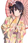  1girl black_hair blush brown_eyes hair_ornament highres japanese_clothes kimono matsunaga_kouyou smile solo umbrella 