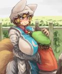  1girl 2girls animal_ears blonde_hair blush breasts brown_hair chanta_(ayatakaoisii) chen fox_ears fox_tail hat highres huge_breasts multiple_girls multiple_tails short_hair solo tail touhou yakumo_ran 