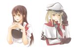 2girls akagi_(kantai_collection) blonde_hair blush breasts graf_zeppelin_(kantai_collection) hakama hat highres japanese_clothes kantai_collection long_hair military military_hat military_uniform multiple_girls smile twintails uniform 