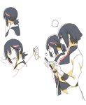  2girls allenkung1 black_hair blush earphones eyebrows formal kill_la_kill kiryuuin_satsuki matoi_ryuuko multicolored_hair multiple_girls ponytail shared_earphones short_hair streaked_hair suit surprised thick_eyebrows 