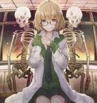  1girl blonde_hair blue_eyes glasses grin heterochromia kei_(k_tmr) labcoat looking_at_viewer necktie original pleated_skirt school_uniform short_hair sitting skeleton skirt smile solo violet_eyes window 