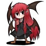  1girl :/ annoyed bat_wings belt black_eyes black_legwear blazer blush book boots chibi collared_shirt dress_shirt head_wings hexagram highres holding holding_book koakuma long_hair long_sleeves low_wings necktie pointy_ears red_necktie red_zero-doo_(and_hagure) redhead shirt simple_background skirt skirt_set solo touhou very_long_hair white_background white_shirt wings 