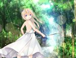  1girl artist_request barefoot blonde_hair blue_eyes fence highres lexington_(zhan_jian_shao_nyu) light_rays long_hair solo stone_walkway umbrella wind wind_lift zhan_jian_shao_nyu 