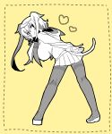  &gt;:) 1girl black_legwear breasts elsie-san_(oshiruko) hanging_breasts heart hood hoodie kneepits large_breasts long_hair miniskirt monochrome original oshiruko_(tsume) pantyhose shoes skirt smile smirk solo tail two_side_up v yellow_background 