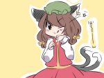  1girl animal_ears bell brown_eyes brown_hair cat_ears cat_tail chen commentary_request earrings hammer_(sunset_beach) hat jewelry jingle_bell long_hair looking_at_viewer multiple_tails one_eye_closed sketch skirt skirt_set smile solo star tail tongue tongue_out touhou translation_request 