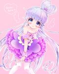  1girl ballerina bare_shoulders blue_eyes blue_hair collarbone cowboy_shot cure_princess earrings eyebrows eyebrows_visible_through_hair frilled_skirt frills hair_bun happinesscharge_precure! jewelry long_hair looking_at_viewer magical_girl pantyhose precure purple_background purple_skirt sherbet_ballet shirayuki_hime skirt smile solo uzuki_aki v white_legwear wrist_cuffs 