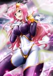  1girl blue_eyes bodysuit breasts g_gundam gundam gundam_seed gundam_seed_destiny hair_ornament highres large_breasts long_hair looking_at_viewer meer_campbell mobile_trace_suit open_mouth pink_hair skin_tight solo star star_hair_ornament suga_leon 