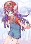  1girl baseball_cap blush clothes_writing dr._slump glasses hat long_hair looking_at_viewer meto31 norimaki_arale overalls purple_hair solo violet_eyes winged_hat 