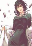  1girl animated animated_gif artist_request black_dress black_hair breasts dress floating_rocks fubuki_(one-punch_man) fur_coat green_eyes high_collar jewelry lips necklace off_shoulder one-punch_man short_hair solo taut_clothes taut_dress 