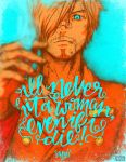  1boy artist_name bandaid bandaid_on_nose blood blue character_name cigarette english facial_hair formal hair_over_one_eye holding_cigarette looking_at_viewer monochrome necktie one_piece orange_(color) sanji scratches serious smoking solo suit sven_from_oz watermark 
