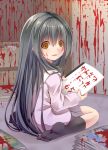  1girl black_hair black_legwear blood blood_on_face blood_stain chest_of_drawers child corpse creek_(moon-sky) empty_eyes highres long_hair looking_at_viewer manga_(object) manuscript_paper original sitting solo_focus translated wariza yandere yellow_eyes youjo_(creek_(moon-sky)) 