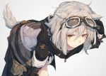 1girl amoranorem animal_ears arm_up bent_over black_gloves blush closed_mouth eyebrows gloves goggles goggles_on_head hand_on_own_knee hood leaning_forward looking_at_viewer pants red_eyes simple_background solo stitches tail white_background white_hair wolf_ears wolf_tail 