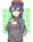  1girl blue_hair blush breasts cleavage cleavage_cutout long_hair love_live!_school_idol_project open-chest_sweater ribbed_sweater smile solo sonoda_umi sweater tetopetesone yellow_eyes 