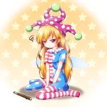  1girl :t alternate_legwear american_flag american_flag_legwear american_flag_shirt blonde_hair clownpiece collar fairy_wings frilled_collar frills hat highres jester_cap kgo555 long_hair pantyhose pout print_legwear sitting solo star stick striped touhou very_long_hair violet_eyes wariza wings 