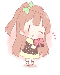  1girl ^_^ blush bow box brown_hair chibi closed_eyes dress gift gift_box hair_bow long_hair love_live!_school_idol_project lowres minami_kotori one_eye_closed one_side_up solo ususa70 |_| 