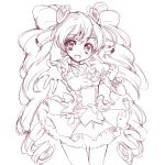  1girl :d bow choker corset cowboy_shot cure_peach earrings fresh_precure! hair_ornament heart heart_earrings heart_hair_ornament jewelry lineart long_hair looking_at_viewer magical_girl momozono_love monochrome open_mouth outstretched_hand precure skirt smile solo twintails uzuki_aki wrist_cuffs 