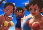  3girls antenna_hair armpits arms_up ball beachball bikini black_hair blue_sky blue_swimsuit breasts choker cleavage close-up collarbone grey_eyes headband high_ponytail ibuki_(street_fighter) ityuy kasugano_sakura large_breasts long_hair makoto_(street_fighter) multiple_girls one-piece_swimsuit open_mouth ribbon_choker short_hair sky strap_gap street_fighter swimsuit very_short_hair 