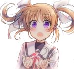  1girl :d blush brown_hair floating_object hair_ribbon jewelry long_sleeves lyrical_nanoha mahou_shoujo_lyrical_nanoha necklace necklace_removed open_mouth raiou raising_heart ribbon school_uniform short_hair short_twintails simple_background smile takamachi_nanoha twintails violet_eyes white_background 