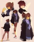  1boy androgynous artist_request barefoot blush_stickers chara_(undertale) character_name closed_eyes dark_skin food frisk_(undertale) from_behind fur_trim jacket looking_at_viewer older pasta plate ponytail red_eyes scarf shoes side_ponytail sneakers spaghetti undertale 