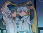  2boys blue_eyes blue_hair child chinese_clothes chongyun_(genshin_impact) coat earrings english_commentary eyebrows_visible_through_hair fingerless_gloves frilled_sleeves frills genshin_impact gloves highres hood hoodie jewelry male_child male_focus multiple_boys night outdoors rain tassel tassel_earrings tsukiaki_teriyaki xingqiu_(genshin_impact) 