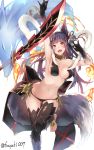  1girl :d animal_ears ass_visible_through_thighs bare_shoulders barefoot bell blush breasts choker elbow_gloves fangs fire fox_ears fox_shadow_puppet fox_tail gloves granblue_fantasy hair_bell hair_ornament highres jewelry leaning_forward long_hair nanahara_fuyuki navel open_mouth purple_hair red_eyes smile solo sword tail thigh-highs thigh_gap weapon yuel_(granblue_fantasy) 