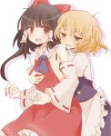  2girls apron ascot blonde_hair blush breast_grab brown_eyes brown_hair detached_sleeves grabbing green_eyes hair_ribbon hair_tubes hakurei_reimu hug hug_from_behind japanese_clothes kirisame_marisa long_sleeves miko multiple_girls no_hat open_mouth puffy_sleeves ribbon shirt short_hair short_sleeves simple_background skirt skirt_set smile sui_(aruko91) sweatdrop touhou waist_apron white_background wide_sleeves 