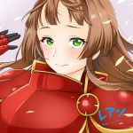  1girl armor artist_name biting blush brown_hair character_name green_eyes lip_biting looking_at_viewer miniru rean_(sennen_sensou_aigis) sennen_sensou_aigis 