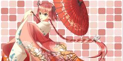  1girl braid deanna fan folding_fan hair_ornament highres holding horns japanese_clothes kimono long_hair looking_at_viewer oriental_umbrella original ponytail red_eyes redhead single_braid solo umbrella very_long_hair 