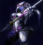  1girl arched_back armor artist_request breasts contrapposto covered_nipples helmet large_breasts pauldrons saryn_(warframe) saryn_prime_(warframe) simple_background skin_tight sword warframe weapon 