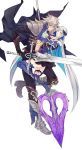  1boy 1girl balmung_(fate/apocrypha) boots cape fate/grand_order fate_(series) highres hug lancer_(fate/prototype_fragments) long_hair pauldrons polearm saber_of_black spear sword thigh-highs thigh_boots very_long_hair weapon white_hair 