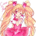  1girl blonde_hair blush bow character_name corset cure_peach earrings fresh_precure! hair_ornament heart heart_earrings heart_hair_ornament jewelry long_hair looking_at_viewer magical_girl momozono_love one_eye_closed pink_bow pink_eyes pink_skirt precure skirt solo twintails upper_body uzuki_aki white_background wrist_cuffs 