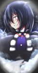  1girl absurdres airplane airplane_interior airplane_wing black_dress black_hair blush breasts clouds cloudy_sky dress giantess highres houjuu_nue neva red_eyes sky solo space touhou 