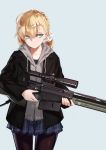  1girl ai_arctic_warfare black_legwear blonde_hair blue_background blue_eyes coat cowboy_shot gun hood hoodie looking_to_the_side low_twintails nightmaremk2 original rifle scope scrunchie simple_background skirt sniper_rifle solo tagme trigger_discipline twintails weapon 