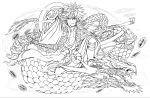  absurdres goemon_(p&amp;d) highres lineart monochrome official_art puzzle_&amp;_dragons solo 