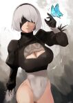  1girl aya_roushi bangs bare_legs black_gloves blindfold blouse bodysuit breasts bug butterfly gloves grey_background grey_hair highres nier_(series) nier_automata open_mouth short_hair solo yorha_no._2_type_b 
