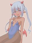  1girl :d black_legwear blue_hair bunnysuit covered_navel dark_skin fang highres horns looking_at_viewer malice_stella open_mouth original pantyhose pointy_ears small_breasts smile solo twintails violet_eyes wings 