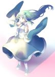1girl arm_up detached_sleeves frog_hair_ornament full_body gradient gradient_background green_hair hair_ornament hair_tubes japanese_clothes kochiya_sanae long_hair long_sleeves miko shio_(s_alt_shio) shirt shoes skirt solo touhou upskirt wide_sleeves wind yellow_eyes