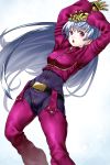  1girl arms_up belt blue_hair blush breasts chaps cropped_jacket gloves highres kula_diamond long_hair onsoku_maru open_mouth red_eyes solo the_king_of_fighters zipper 