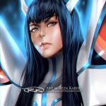  1girl aura bangs black_hair blue_eyes eyebrows eyelashes eyeliner hair_over_shoulder junketsu kill_la_kill kiryuuin_satsuki lips long_hair makeup nose portrait realistic reza_kabir solo thick_eyebrows 