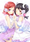  2girls ;) angel_wings armband black_hair bow dress flower hair_bow hair_flower hair_ornament hairpin headset highres holding_hands interlocked_fingers love_live!_school_idol_project multiple_girls natsu_(natume0504) nishikino_maki one_eye_closed red_eyes redhead sash smile twintails violet_eyes wings yazawa_nico 