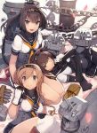  3girls :d akizuki_(kantai_collection) anchor_symbol bangs belt belt_removed black_hair black_legwear blue_eyes blunt_bangs breasts brown_eyes buckle cannon chain cherry_blossoms chou-10cm-hou-chan chou-10cm-hou-chan_(hatsuzuki&#039;s) chou-10cm-hou-chan_(teruzuki&#039;s) cigar corset expressionless gloves hair_between_eyes hair_flaps hair_ornament hairband hatsuzuki_(kantai_collection) headband jpeg_artifacts kantai_collection long_hair looking_at_viewer lying machinery multiple_girls neckerchief official_art on_back open_mouth pantyhose petals pleated_skirt ponytail propeller_hair_ornament robot school_uniform seiza shizuma_yoshinori short_hair sitting skirt smile teruzuki_(kantai_collection) turret white_gloves 