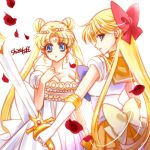  2girls aino_minako bare_shoulders bishoujo_senshi_sailor_moon blonde_hair blue_eyes bow breasts choker cleavage cowboy_shot crescent double_bun dress facial_mark forehead_mark hair_bow hair_ornament hairpin half_updo long_hair looking_at_viewer lowres multiple_girls orange_skirt petals pleated_skirt princess_serenity red_bow sailor_collar sailor_venus serious shirataki_kaiseki signature skirt strapless strapless_dress sword tsukino_usagi twintails weapon white_background white_dress yellow_bow 