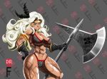  1girl abs amazon_(dragon&#039;s_crown) armlet armor bikini_armor black_gloves breasts circlet collaboration cowboy_shot curly_hair digitalrum doc_sinistar dragon&#039;s_crown feathers fire-tisane gloves hair_feathers halberd huge_weapon large_breasts long_hair muscle muscular_female polearm silver_hair slender_waist solo tan tattoo thick_thighs thighs under_boob weapon 