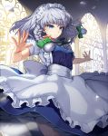  1girl apron arch bangs black_ribbon blue_dress blue_eyes blurry bow braid carchet closed_mouth cowboy_shot depth_of_field dress dress_lift green_bow hair_bow indoors izayoi_sakuya maid_headdress neck_ribbon outstretched_arms plant puffy_sleeves ribbon shards short_sleeves silver_hair smile solo spread_fingers touhou twin_braids waist_apron white_apron window 