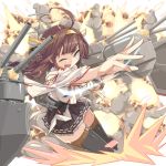  1girl ahoge bare_shoulders black_boots boots breasts brown_hair cannon detached_sleeves double_bun explosion hairband headgear highres japanese_clothes kantai_collection kongou_(kantai_collection) large_breasts long_hair looking_at_viewer machinery nontraditional_miko one_eye_closed open_mouth pleated_skirt remodel_(kantai_collection) ribbon-trimmed_sleeves ribbon_trim skirt solo thigh-highs thigh_boots uchiage_cola violet_eyes wide_sleeves zettai_ryouiki 