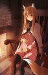  1girl animal_ears brown_hair hirame_sa holo long_hair pregnant red_eyes sitting solo spice_and_wolf tail wolf_ears wolf_tail 
