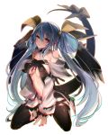  1girl asymmetrical_wings bare_shoulders between_legs blue_hair blush breasts choker dizzy guilty_gear long_hair looking_at_viewer oro_(sumakaita) red_eyes ribbon sitting smile solo tail tail_ribbon thigh-highs under_boob v_arms very_long_hair wings 