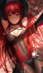  1girl 2016 arms_up ass_visible_through_thighs bangs black_gloves black_panties blush bodysuit breasts bu_li character_name choker covered_navel cowboy_shot crack crimson_avenger_(elsword) dated elesis_(elsword) elsword flower gloves long_hair looking_at_viewer lying on_back panties parted_lips petals pink_flower planted_sword planted_weapon red_flower red_rose redhead rose shade solo sword thigh_gap unbuckled_belt underwear very_long_hair weapon 