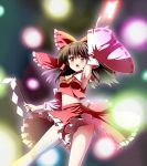  1girl armpits ascot bow brown_hair danmaku detached_sleeves dezuko_(dezuko_no_heya) frills hair_bow hair_tubes hakurei_reimu haraegushi highres open_mouth red_eyes solo spell_card touhou 